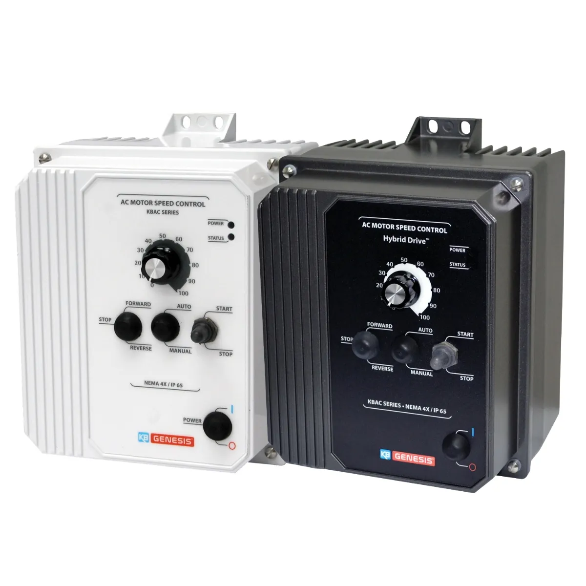 KB Electronics KBAC Hybrid Drive AC motor speed control units in gray and white die-cast enclosures