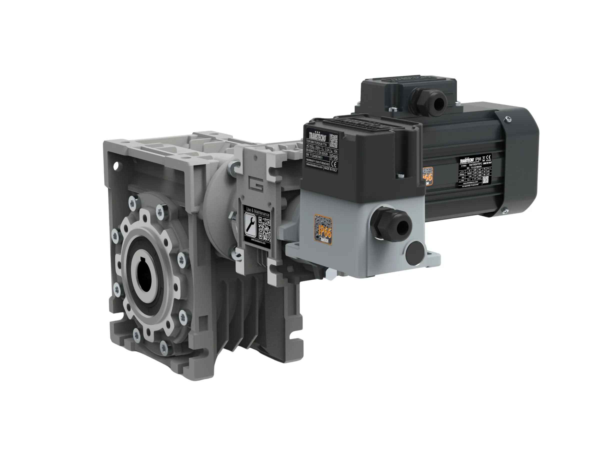 Transtecno TOR-N rotary limit switch mounted on a worm gearmotor with IP66 rated aluminium housing