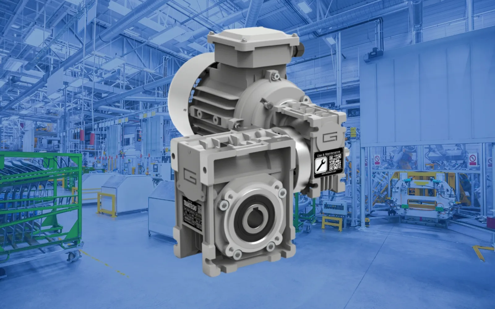 Industrial worm gearbox connected to powered machinery equipment